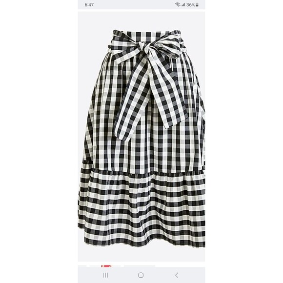 J. Crew black white cotton gingham midiskirt 2 tie waist ruffle holiday preppy - Picture 1 of 12